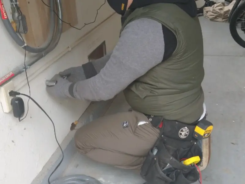 Electrician performing outlet wiring in a Birmingham garage